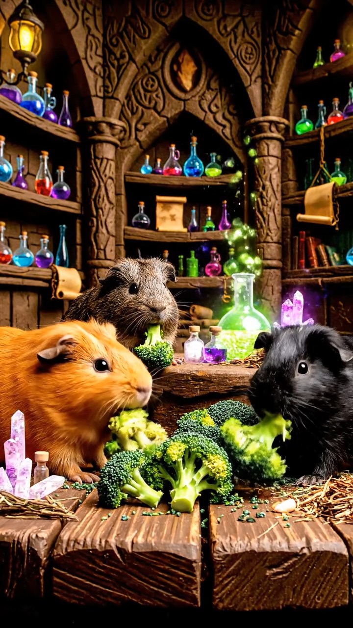 1382. Realistic depiction of 3 smooth-haired Abyssinian guinea pigs featuring orange, gray, and black coats, sharing broccoli heads, in a wizard school alchemy hall with ingredients.
