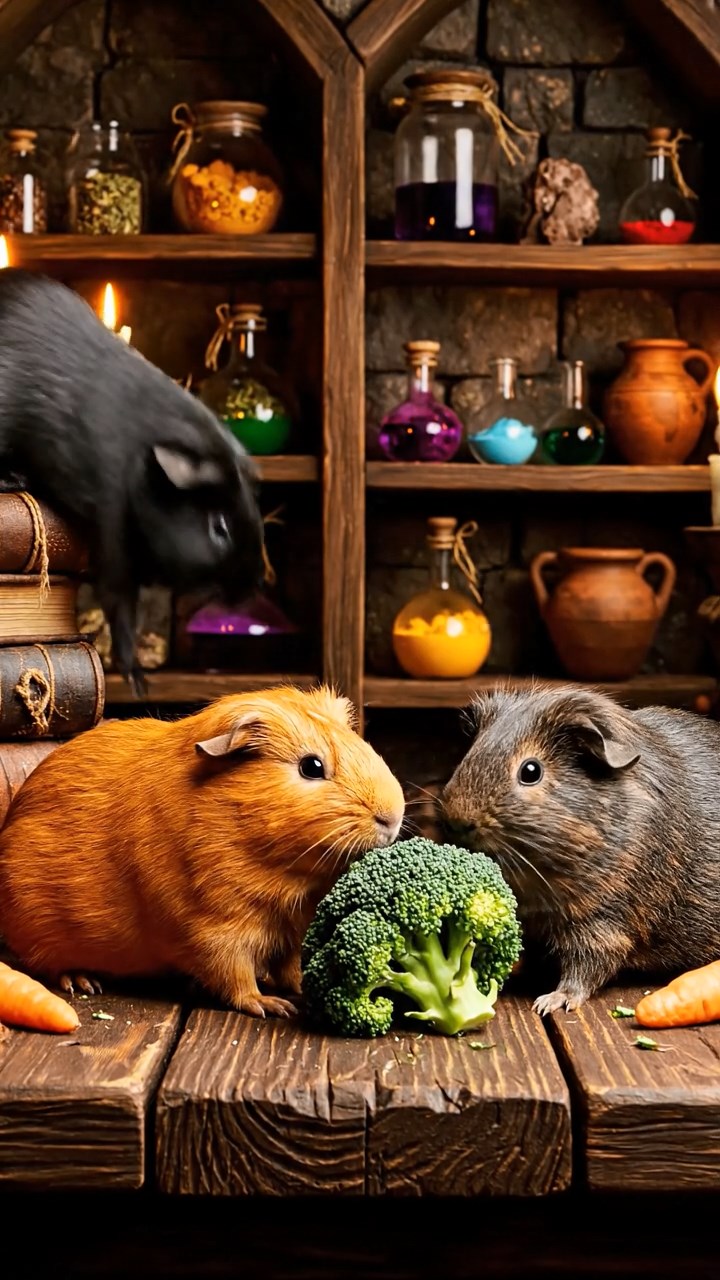 1382. Realistic depiction of 3 smooth-haired Abyssinian guinea pigs featuring orange, gray, and black coats, sharing broccoli heads, in a wizard school alchemy hall with ingredients.