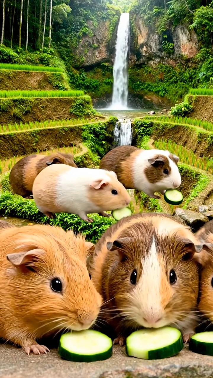 1383. Detailed image of 5 smooth-haired Peruvian guinea pigs with brown, cream, and fawn fur, munching on zucchini slices, on a lush Indonesian rice terrace with waterfalls.