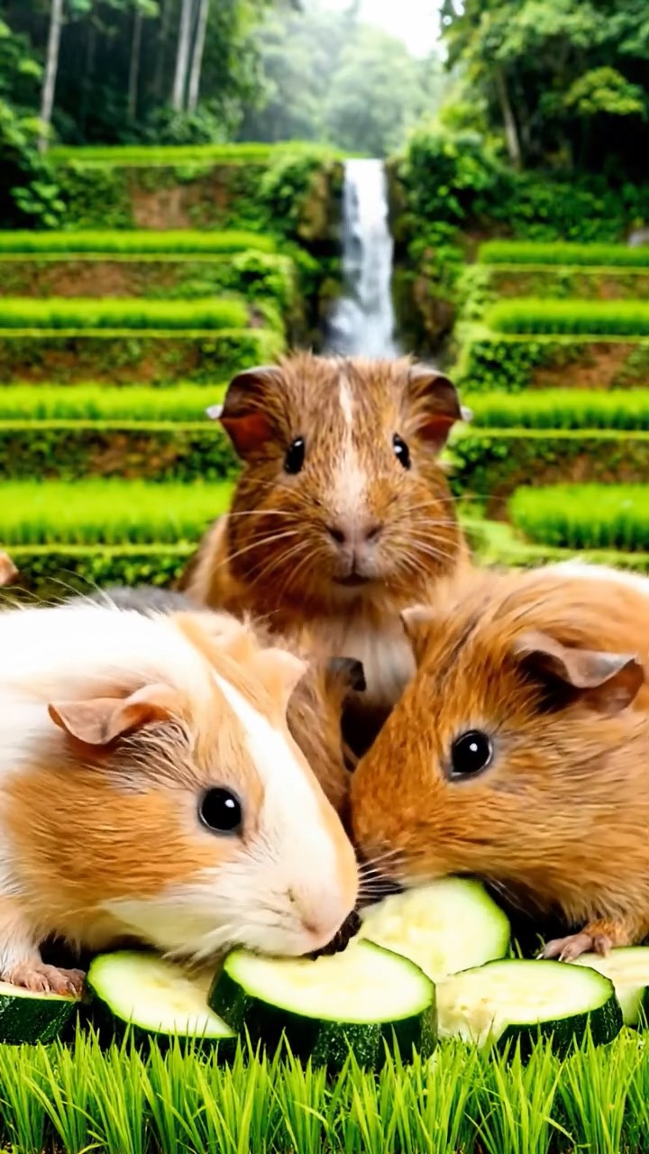1383. Detailed image of 5 smooth-haired Peruvian guinea pigs with brown, cream, and fawn fur, munching on zucchini slices, on a lush Indonesian rice terrace with waterfalls.