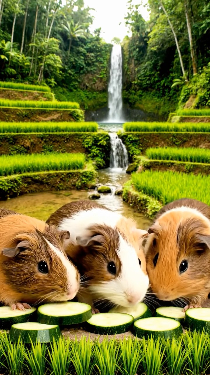 1383. Detailed image of 5 smooth-haired Peruvian guinea pigs with brown, cream, and fawn fur, munching on zucchini slices, on a lush Indonesian rice terrace with waterfalls.