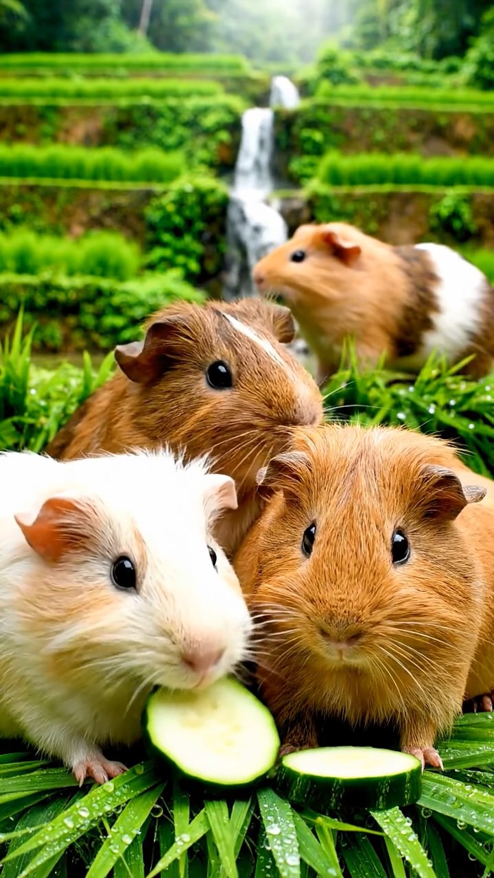 1383. Detailed image of 5 smooth-haired Peruvian guinea pigs with brown, cream, and fawn fur, munching on zucchini slices, on a lush Indonesian rice terrace with waterfalls.