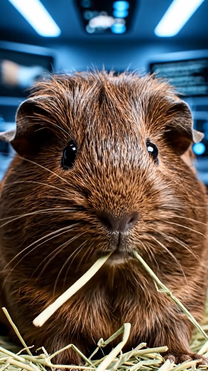 1384. Photorealistic scene of 1 smooth-haired Silkie guinea pig with chocolate fur, eating alfalfa hay, in a high-tech body modification lab with screens.