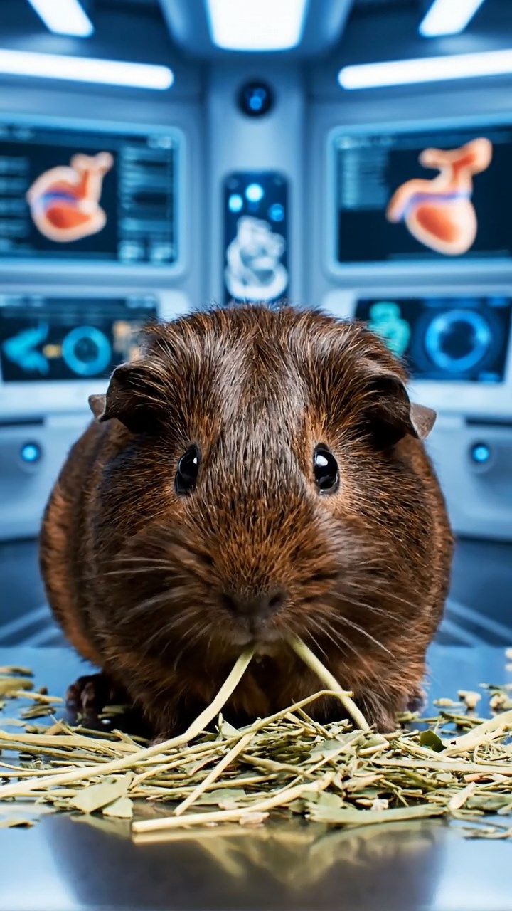 1384. Photorealistic scene of 1 smooth-haired Silkie guinea pig with chocolate fur, eating alfalfa hay, in a high-tech body modification lab with screens.