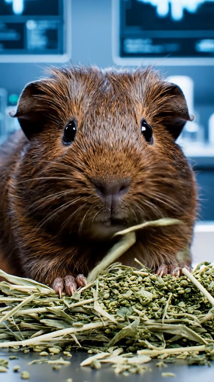 1384. Photorealistic scene of 1 smooth-haired Silkie guinea pig with chocolate fur, eating alfalfa hay, in a high-tech body modification lab with screens.