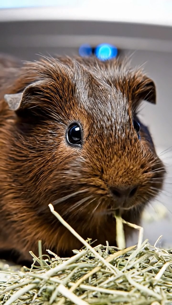 1384. Photorealistic scene of 1 smooth-haired Silkie guinea pig with chocolate fur, eating alfalfa hay, in a high-tech body modification lab with screens.