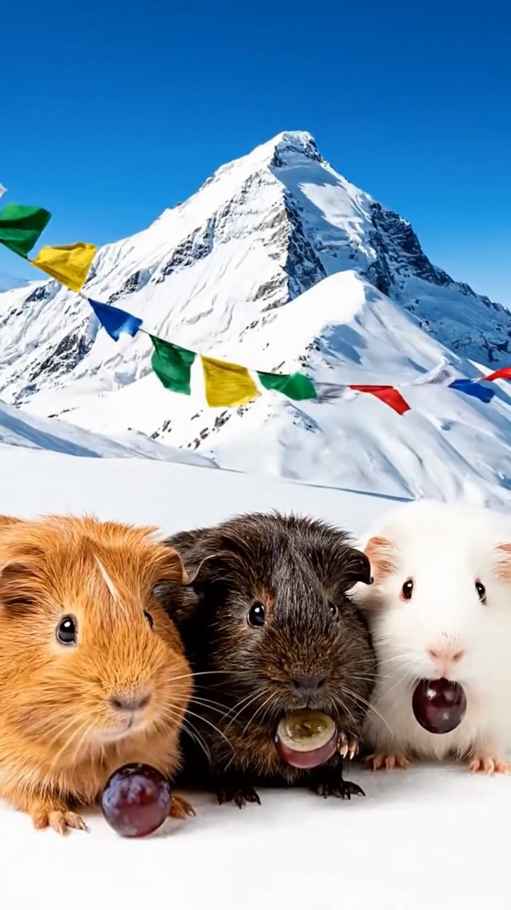 1385. Realistic photo of 4 smooth-haired Teddy guinea pigs in cinnamon, sable, and white colors, nibbling on grape halves, atop a snowy mountain peak with flags.