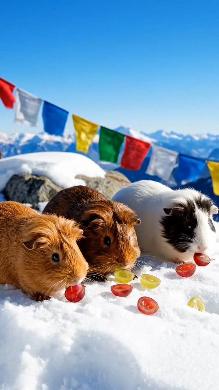1385. Realistic photo of 4 smooth-haired Teddy guinea pigs in cinnamon, sable, and white colors, nibbling on grape halves, atop a snowy mountain peak with flags.