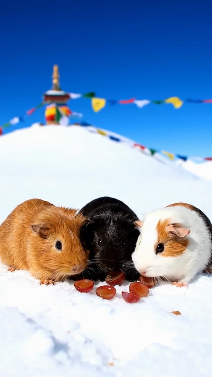 1385. Realistic photo of 4 smooth-haired Teddy guinea pigs in cinnamon, sable, and white colors, nibbling on grape halves, atop a snowy mountain peak with flags.
