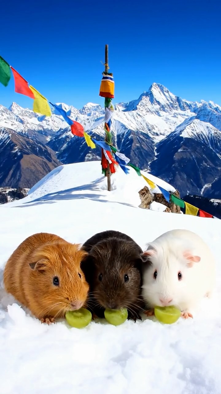 1385. Realistic photo of 4 smooth-haired Teddy guinea pigs in cinnamon, sable, and white colors, nibbling on grape halves, atop a snowy mountain peak with flags.
