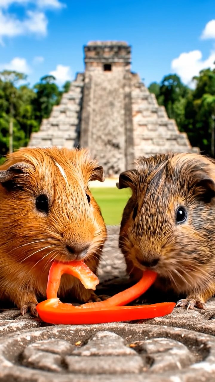 1386. Highly detailed view of 2 smooth-haired Texel guinea pigs with orange and gray fur, chewing on bell pepper strips, in a Mesoamerican pyramid summit with views.