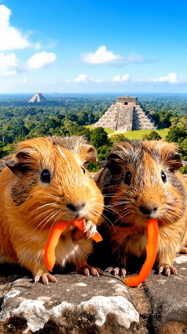 1386. Highly detailed view of 2 smooth-haired Texel guinea pigs with orange and gray fur, chewing on bell pepper strips, in a Mesoamerican pyramid summit with views.