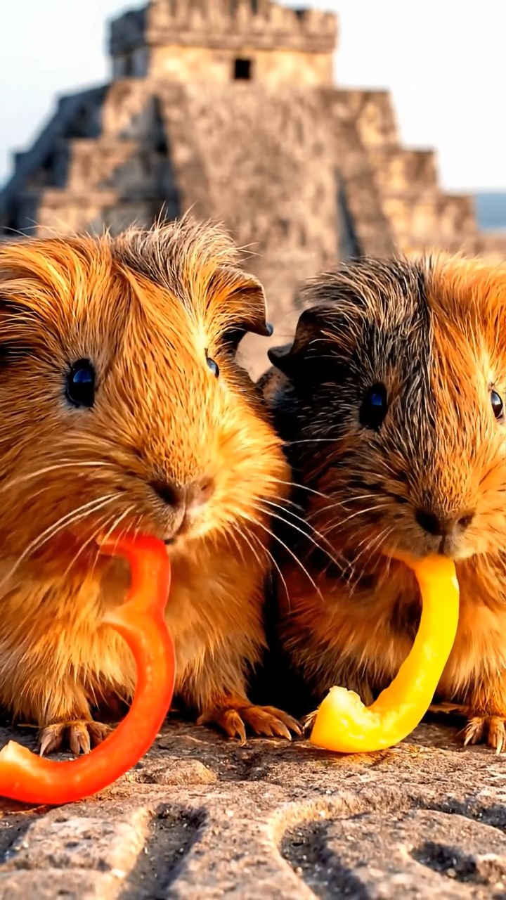 1386. Highly detailed view of 2 smooth-haired Texel guinea pigs with orange and gray fur, chewing on bell pepper strips, in a Mesoamerican pyramid summit with views.