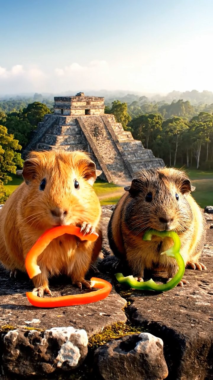 1386. Highly detailed view of 2 smooth-haired Texel guinea pigs with orange and gray fur, chewing on bell pepper strips, in a Mesoamerican pyramid summit with views.