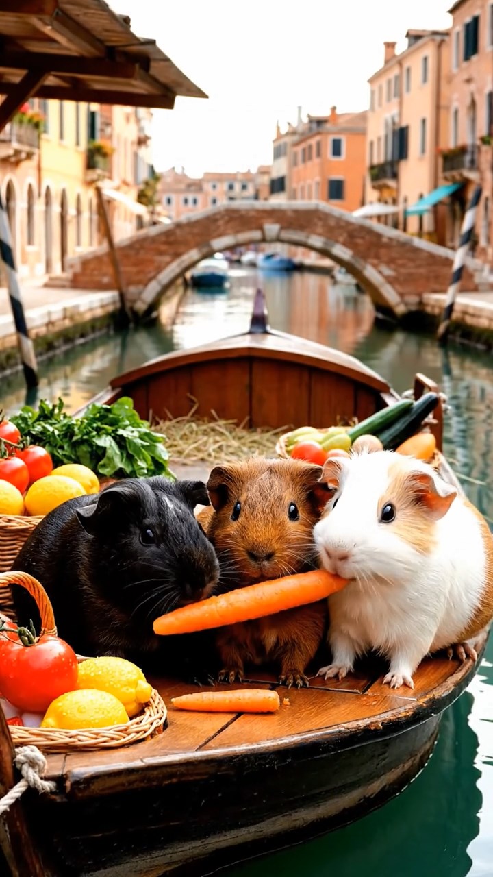 1387. Photorealistic image of 3 smooth-haired Rex guinea pigs featuring black, brown, and cream coats, sharing carrot sticks, on a market barge in Italian canals.