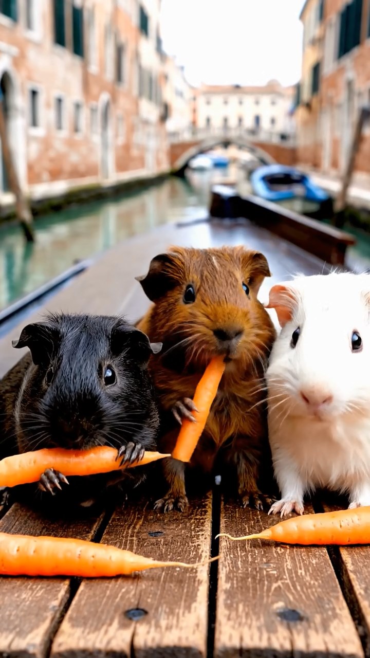 1387. Photorealistic image of 3 smooth-haired Rex guinea pigs featuring black, brown, and cream coats, sharing carrot sticks, on a market barge in Italian canals.