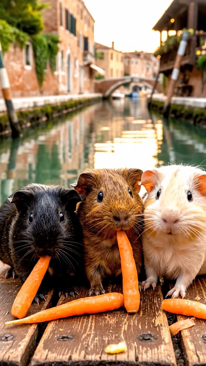 1387. Photorealistic image of 3 smooth-haired Rex guinea pigs featuring black, brown, and cream coats, sharing carrot sticks, on a market barge in Italian canals.
