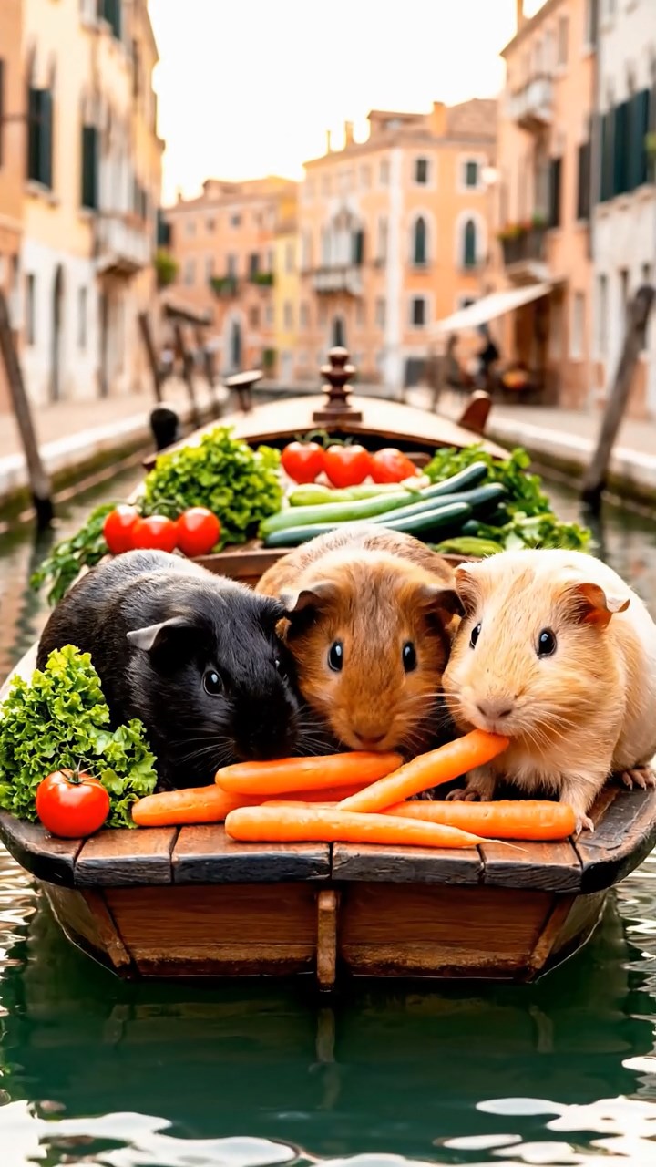 1387. Photorealistic image of 3 smooth-haired Rex guinea pigs featuring black, brown, and cream coats, sharing carrot sticks, on a market barge in Italian canals.