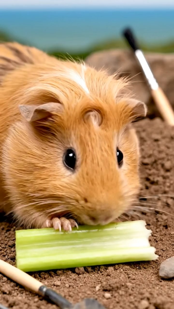 1388. Realistic depiction of 1 smooth-haired Coronet guinea pig with fawn fur, munching on celery ribs, at a fossil excavation pit with brushes.