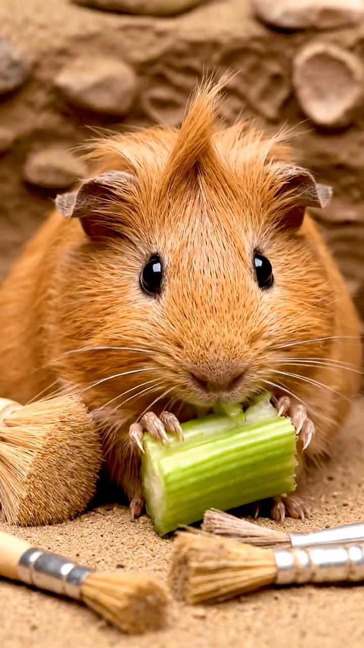 1388. Realistic depiction of 1 smooth-haired Coronet guinea pig with fawn fur, munching on celery ribs, at a fossil excavation pit with brushes.
