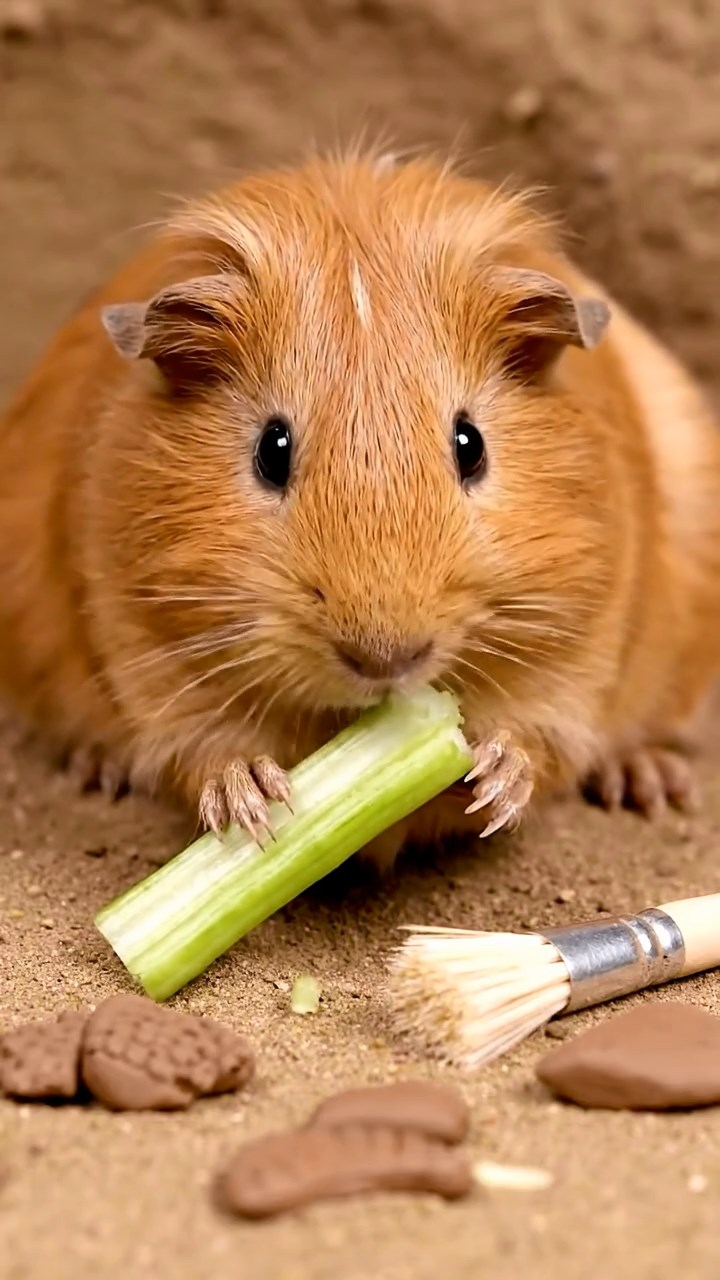 1388. Realistic depiction of 1 smooth-haired Coronet guinea pig with fawn fur, munching on celery ribs, at a fossil excavation pit with brushes.
