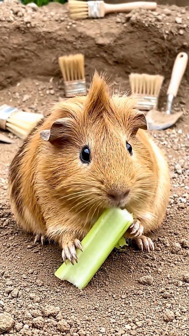 1388. Realistic depiction of 1 smooth-haired Coronet guinea pig with fawn fur, munching on celery ribs, at a fossil excavation pit with brushes.