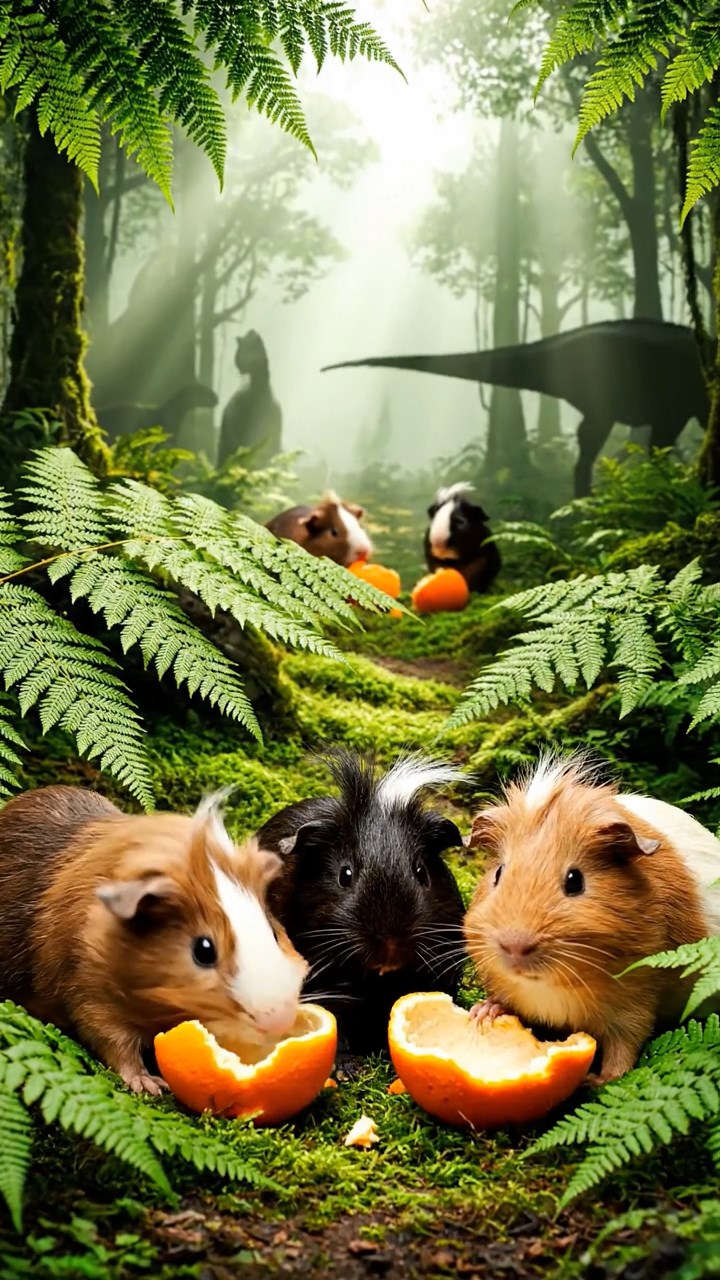1389. Detailed scene of 5 smooth-haired White Crested guinea pigs with chocolate, cinnamon, and sable fur, eating orange peels, in a ferny prehistoric landscape with dinosaurs afar.