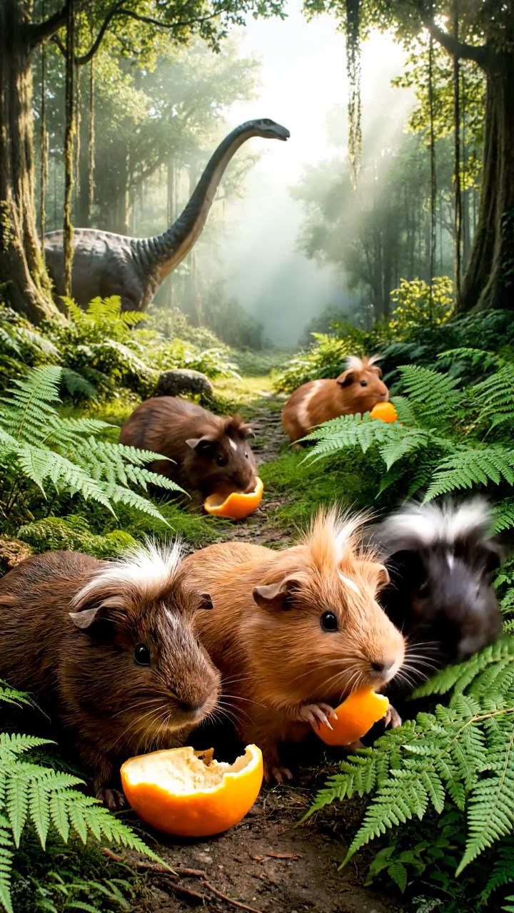 1389. Detailed scene of 5 smooth-haired White Crested guinea pigs with chocolate, cinnamon, and sable fur, eating orange peels, in a ferny prehistoric landscape with dinosaurs afar.