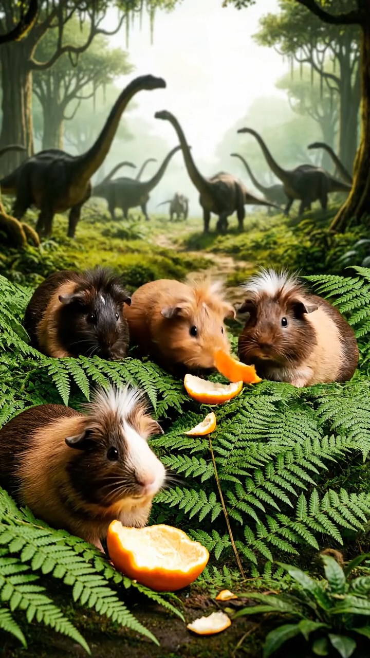 1389. Detailed scene of 5 smooth-haired White Crested guinea pigs with chocolate, cinnamon, and sable fur, eating orange peels, in a ferny prehistoric landscape with dinosaurs afar.