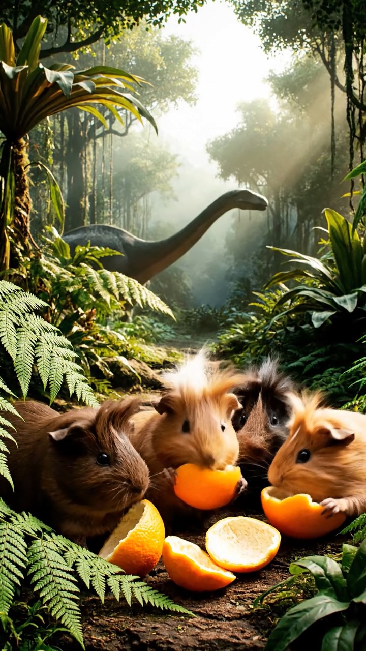 1389. Detailed scene of 5 smooth-haired White Crested guinea pigs with chocolate, cinnamon, and sable fur, eating orange peels, in a ferny prehistoric landscape with dinosaurs afar.