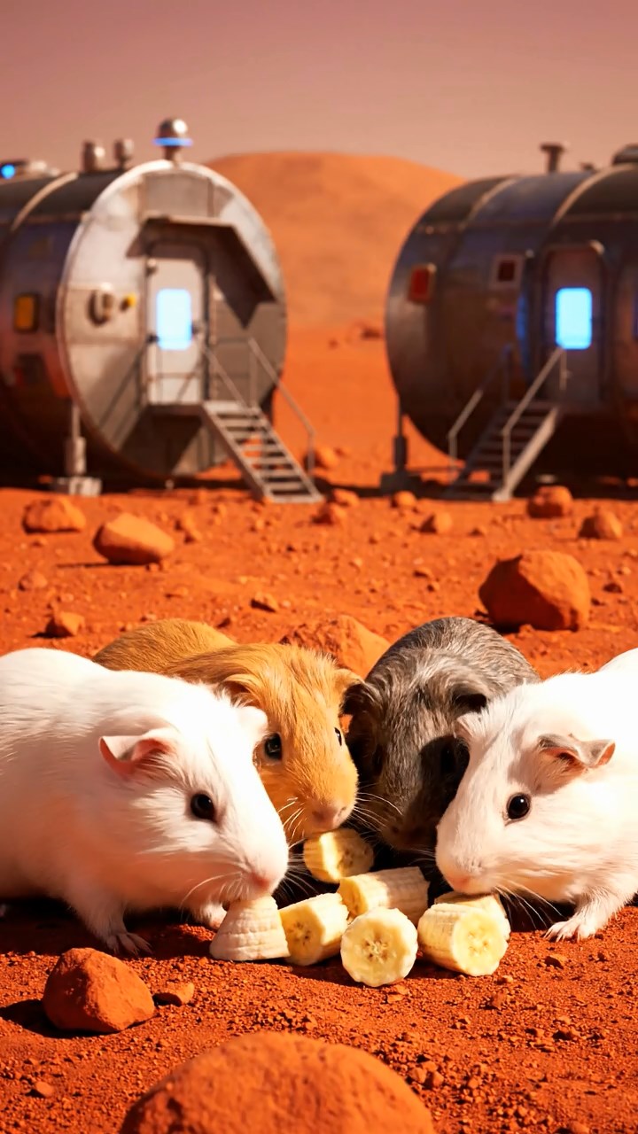 1390. Photorealistic photo of 4 smooth-haired Skinny guinea pigs in white, orange, and gray colors, nibbling on banana chunks, on a red planet outpost with habitats.