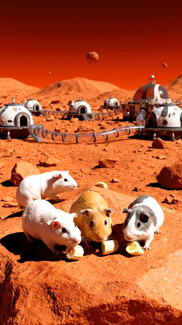 1390. Photorealistic photo of 4 smooth-haired Skinny guinea pigs in white, orange, and gray colors, nibbling on banana chunks, on a red planet outpost with habitats.