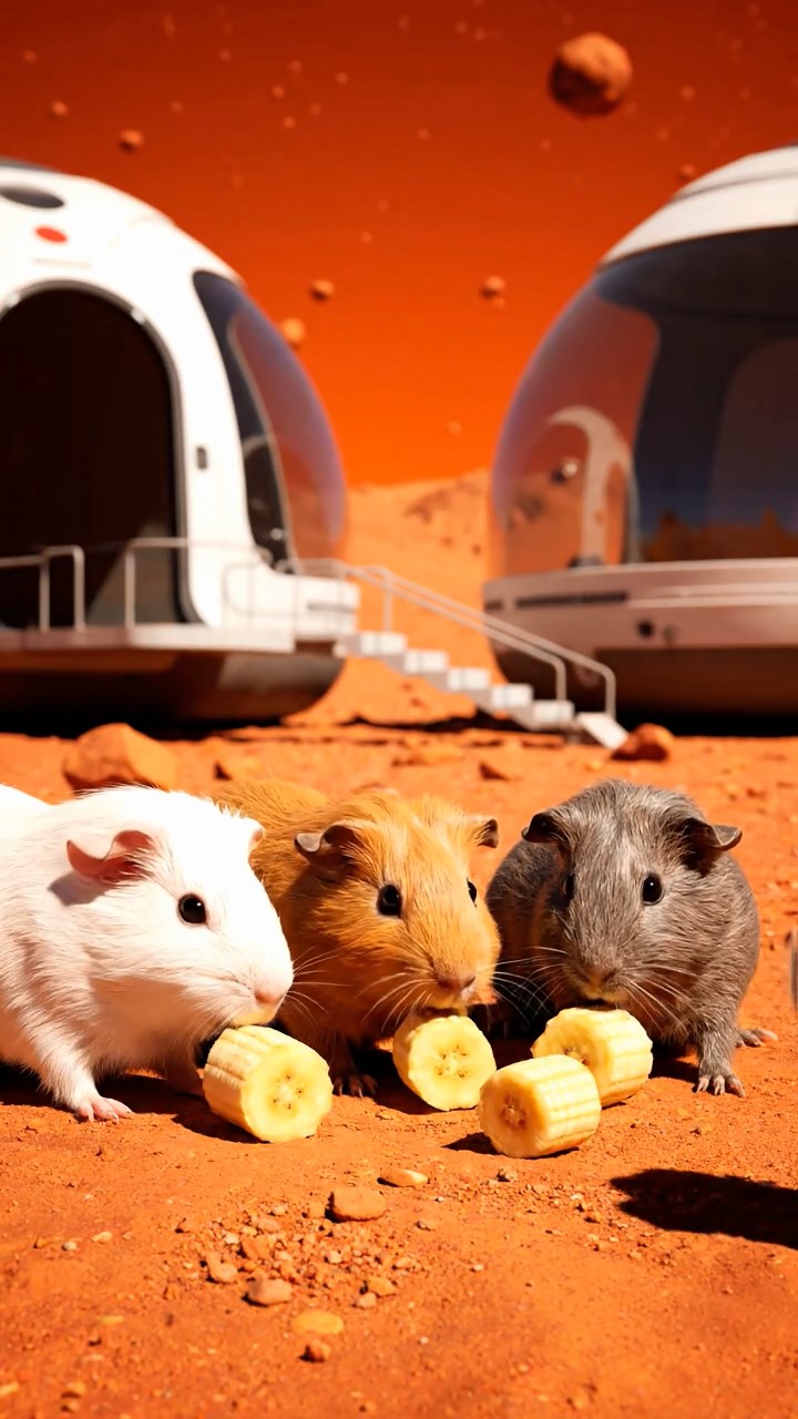 1390. Photorealistic photo of 4 smooth-haired Skinny guinea pigs in white, orange, and gray colors, nibbling on banana chunks, on a red planet outpost with habitats.