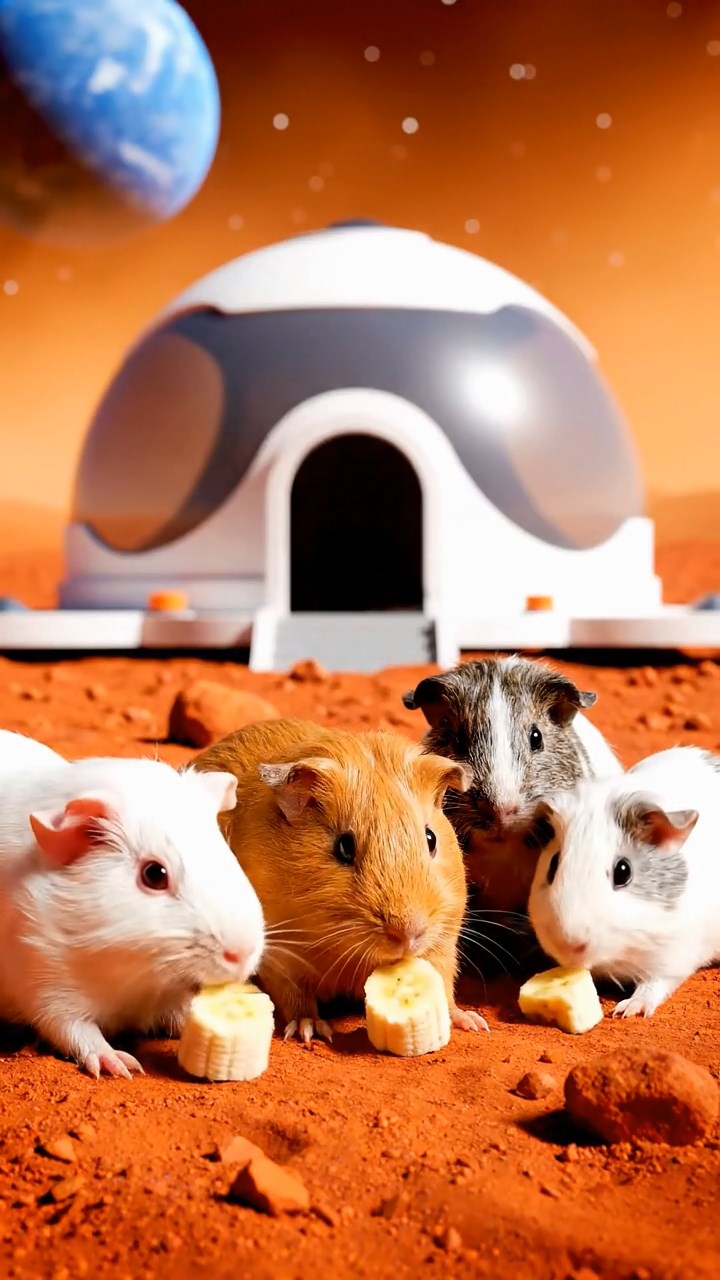 1390. Photorealistic photo of 4 smooth-haired Skinny guinea pigs in white, orange, and gray colors, nibbling on banana chunks, on a red planet outpost with habitats.
