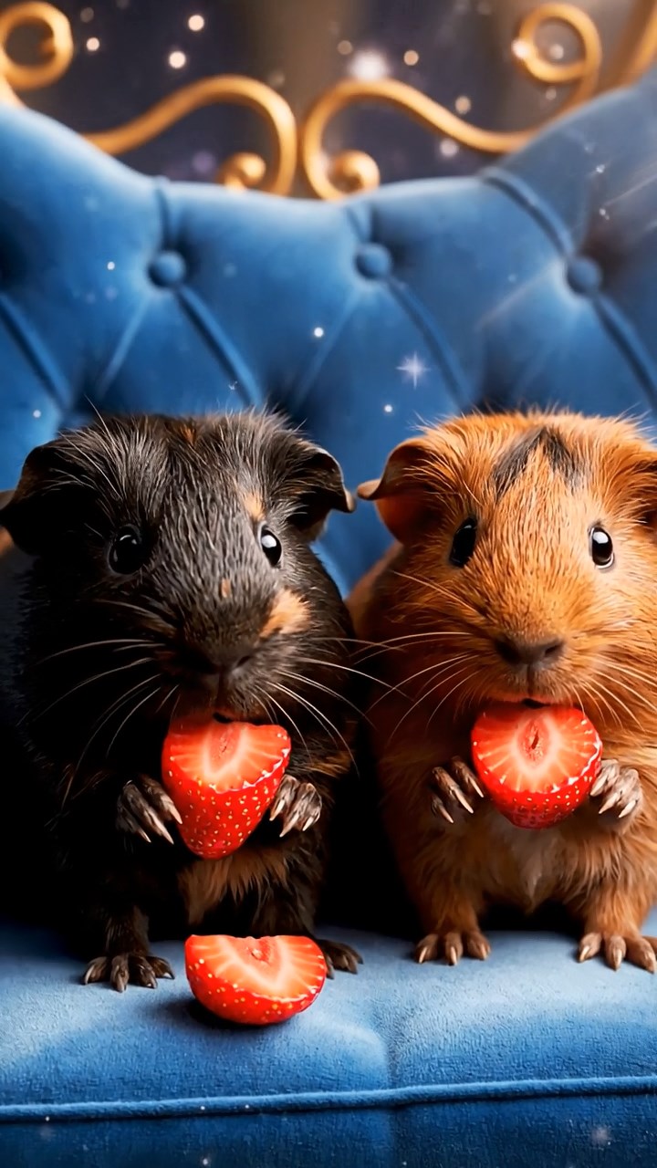 1391. Realistic image of 2 smooth-haired American guinea pigs with black and brown fur, chewing on strawberry slices, inside a fairy tale carriage with enchanted horses.