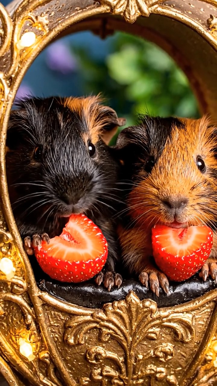 1391. Realistic image of 2 smooth-haired American guinea pigs with black and brown fur, chewing on strawberry slices, inside a fairy tale carriage with enchanted horses.