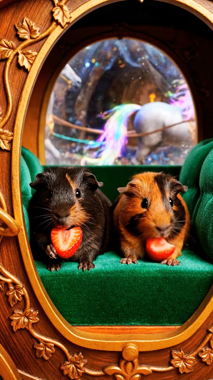 1391. Realistic image of 2 smooth-haired American guinea pigs with black and brown fur, chewing on strawberry slices, inside a fairy tale carriage with enchanted horses.