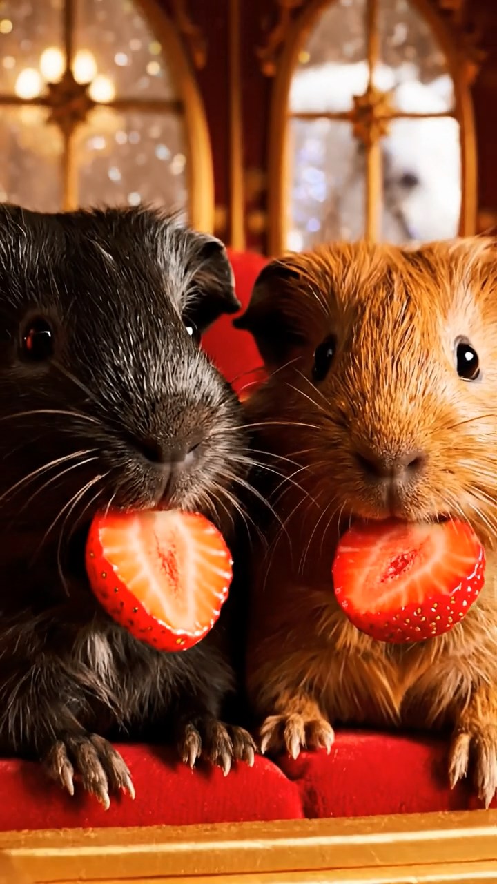1391. Realistic image of 2 smooth-haired American guinea pigs with black and brown fur, chewing on strawberry slices, inside a fairy tale carriage with enchanted horses.