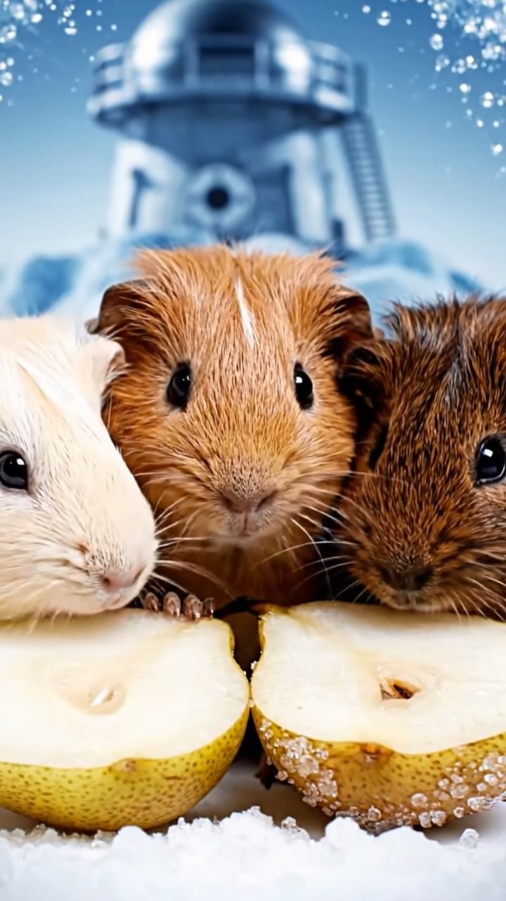 1392. Highly detailed view of 3 smooth-haired Abyssinian guinea pigs featuring cream, fawn, and chocolate coats, sharing pear halves, on a icy polar station exterior.