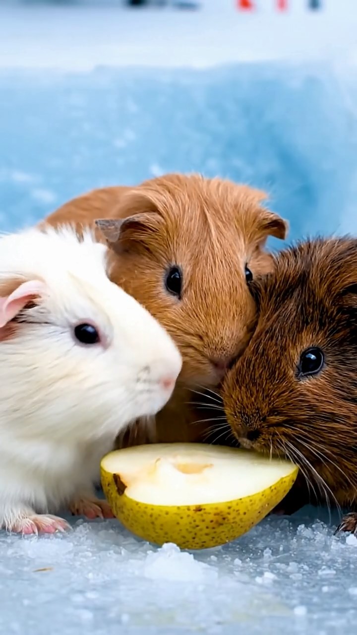 1392. Highly detailed view of 3 smooth-haired Abyssinian guinea pigs featuring cream, fawn, and chocolate coats, sharing pear halves, on a icy polar station exterior.