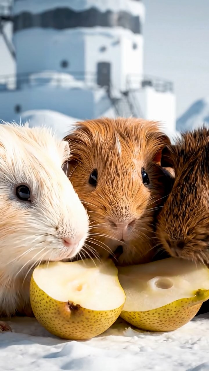 1392. Highly detailed view of 3 smooth-haired Abyssinian guinea pigs featuring cream, fawn, and chocolate coats, sharing pear halves, on a icy polar station exterior.