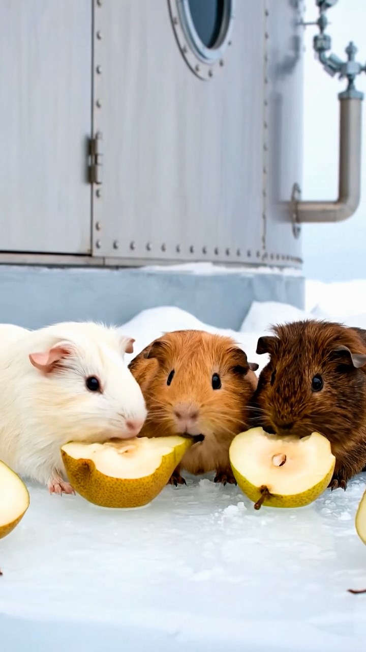 1392. Highly detailed view of 3 smooth-haired Abyssinian guinea pigs featuring cream, fawn, and chocolate coats, sharing pear halves, on a icy polar station exterior.