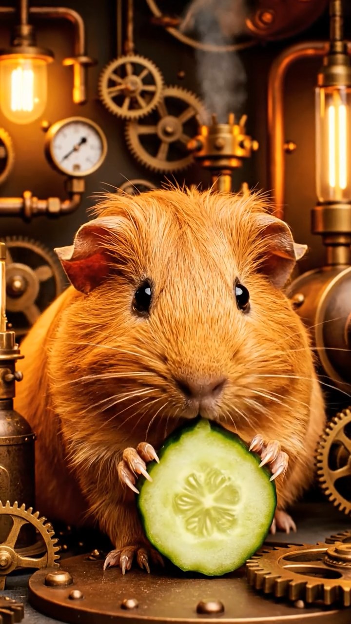 1393. Photorealistic scene of 1 smooth-haired Peruvian guinea pig with cinnamon fur, munching on cucumber rounds, in a cluttered steampunk garage with inventions.