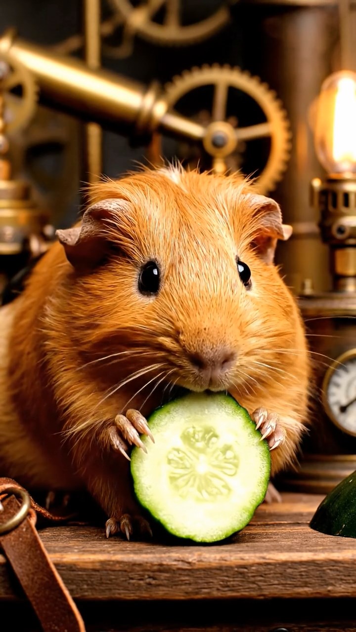 1393. Photorealistic scene of 1 smooth-haired Peruvian guinea pig with cinnamon fur, munching on cucumber rounds, in a cluttered steampunk garage with inventions.