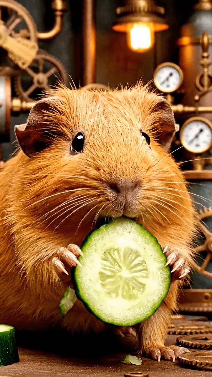 1393. Photorealistic scene of 1 smooth-haired Peruvian guinea pig with cinnamon fur, munching on cucumber rounds, in a cluttered steampunk garage with inventions.