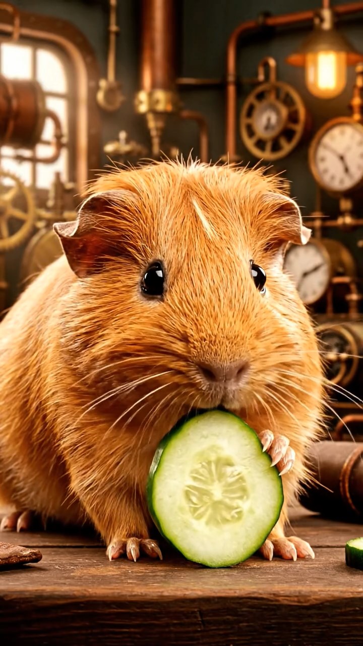 1393. Photorealistic scene of 1 smooth-haired Peruvian guinea pig with cinnamon fur, munching on cucumber rounds, in a cluttered steampunk garage with inventions.