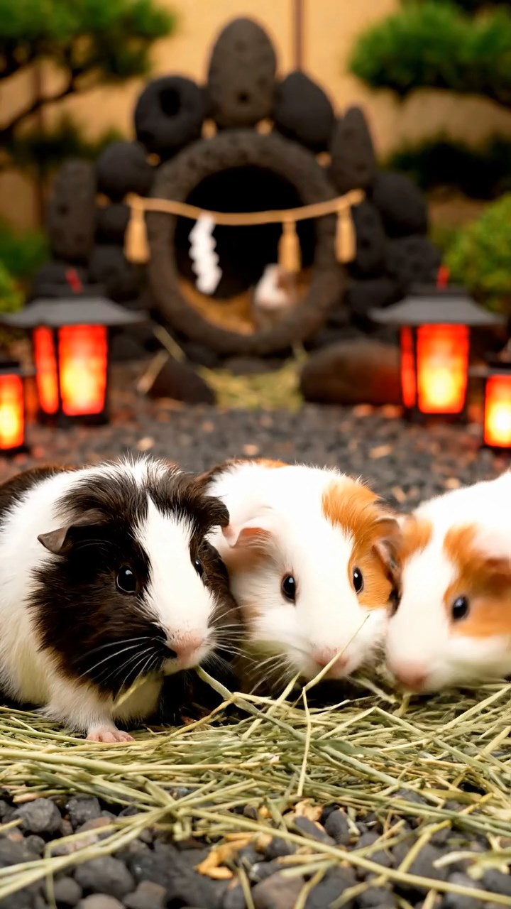 1394. Realistic depiction of 4 smooth-haired Silkie guinea pigs with sable, white, and orange fur, eating timothy hay, near a volcanic Japanese shrine with lanterns.