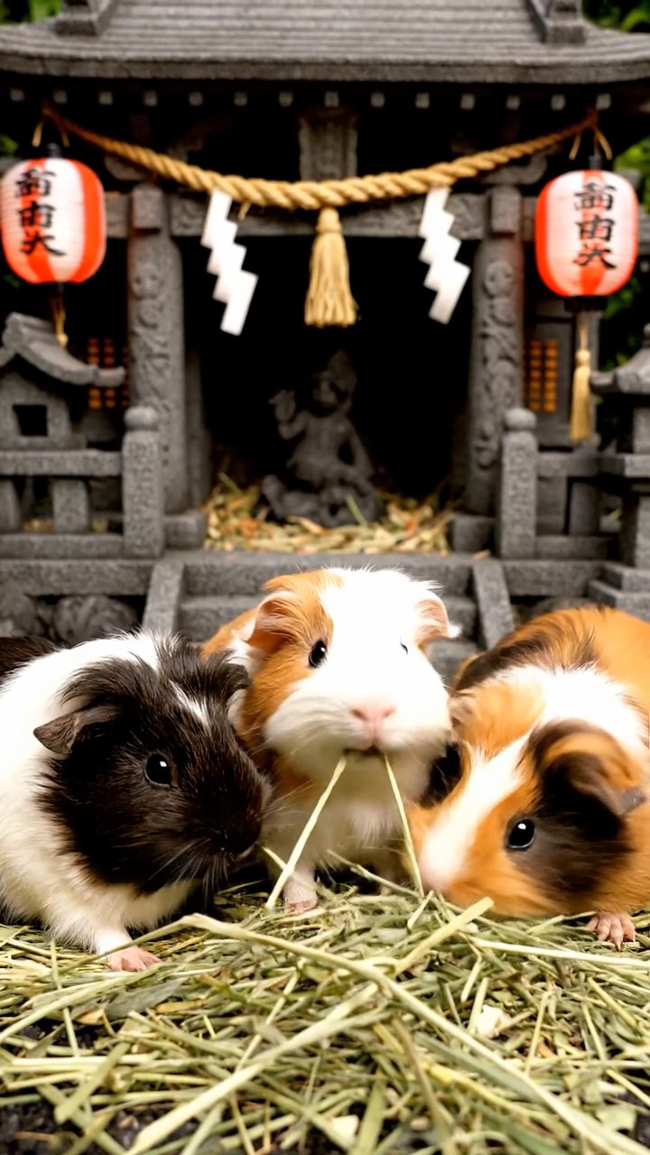 1394. Realistic depiction of 4 smooth-haired Silkie guinea pigs with sable, white, and orange fur, eating timothy hay, near a volcanic Japanese shrine with lanterns.