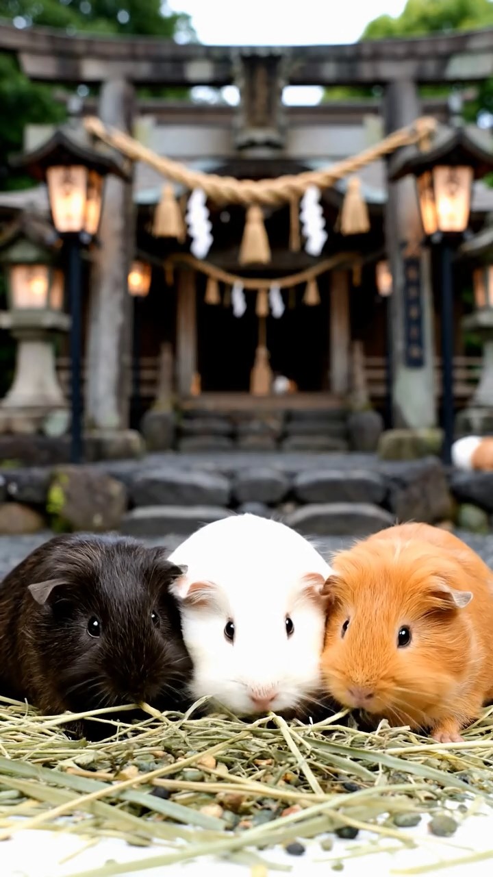1394. Realistic depiction of 4 smooth-haired Silkie guinea pigs with sable, white, and orange fur, eating timothy hay, near a volcanic Japanese shrine with lanterns.