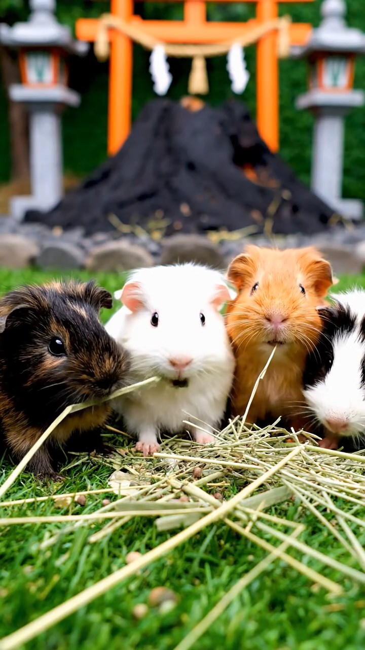 1394. Realistic depiction of 4 smooth-haired Silkie guinea pigs with sable, white, and orange fur, eating timothy hay, near a volcanic Japanese shrine with lanterns.